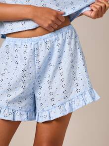 AiiRZ Broderie Eyelet Cami Top And Ruffle Shorts Pajama Set With Contrast Lace Tie Detail Summer Sleepwear - Blue - View 2