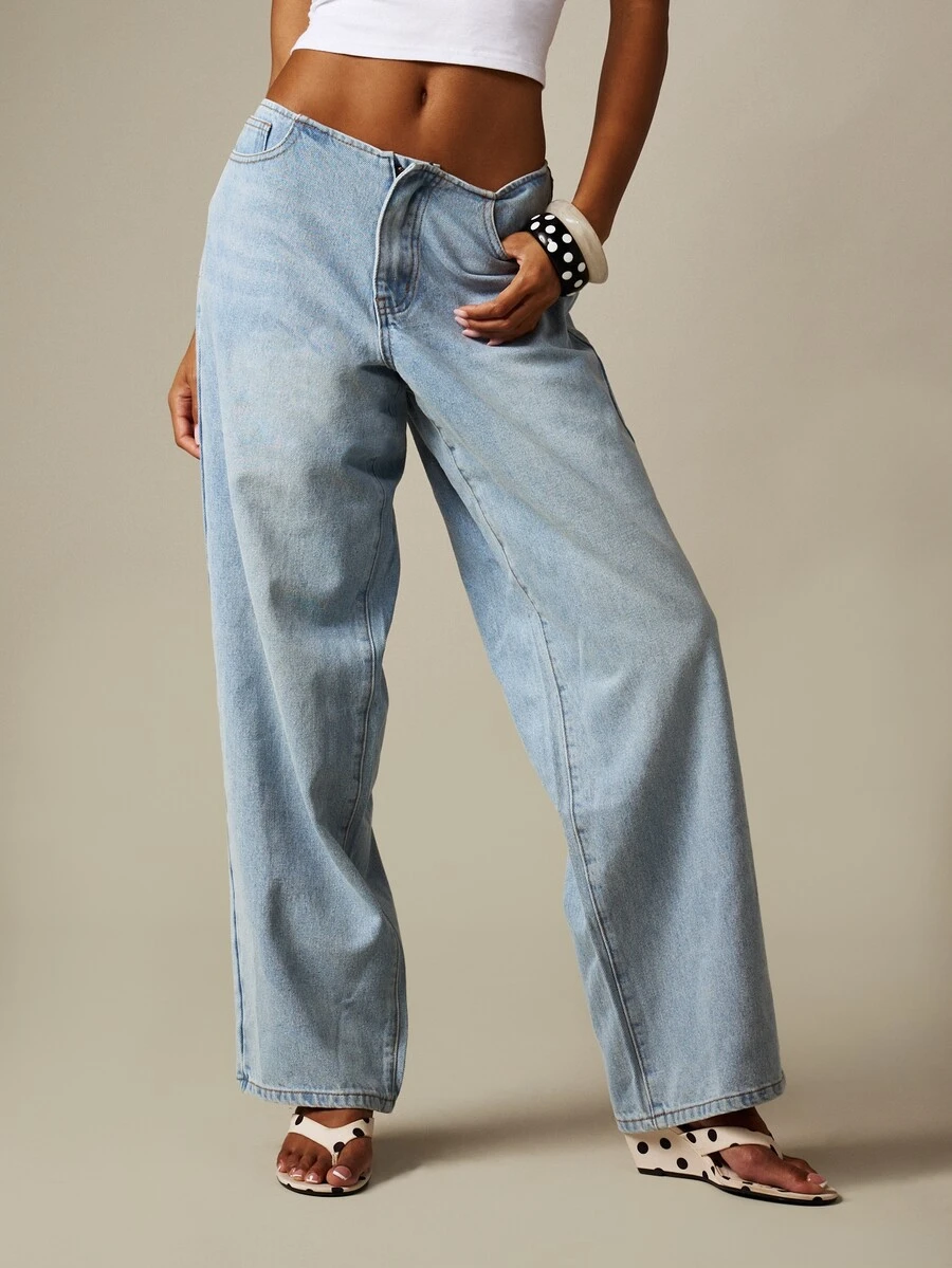 MISSGUIDED 低腰寬鬆寬腿牛仔褲 無腰帶 V型腰身 淺色水洗丹寧 休閒日常 夏季街頭風 - 淺藍色 - 查看 1