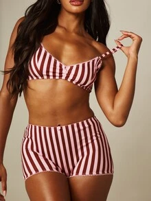 MISSGUIDED Striped Satin Bralette And High-Waist Boxer Short Set With Picot Trim And Vintage-Inspired Design - Multicolor - View 6