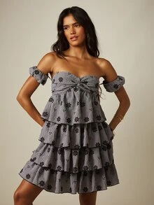 MISSGUIDED Off-Shoulder Gingham Tiered Ruffle Mini Dress With Floral Embroidery And Puff Sleeves For Summer Occasions - Black and White - View 4