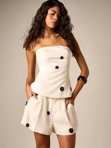 AiiRZ Polka Dot Strapless Bandeau Top And High-Rise Wide-Leg Shorts Co-Ord Set Summer Two-Piece Outfit - Apricot - View 1