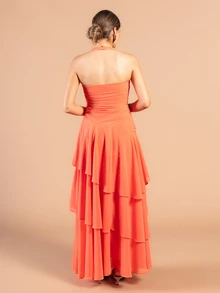 Rouah Vestido Maxi de Mujer con Cuello Halter, Espalda Abierta, Fruncido y Doble Capa - Vestido de Verano, Vestido de Recepción de Boda, Vestido de Fiesta, Vestido de Ocasión, Vestido de Vacaciones - Naranja - Ver 2