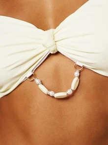 MISSGUIDED Bandeau Bikini Set With Shell Trim Ring Detail Ruched Top And Thong Bottom Swimwear Summer Beach Vacation White Tropical Sexy - Light Yellow - View 5