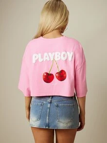 Missguided x Playboy Camiseta corta y holgada con estampado gráfico, estampado de cereza en la espalda y detalle de logotipo - Rosa - Ver 2