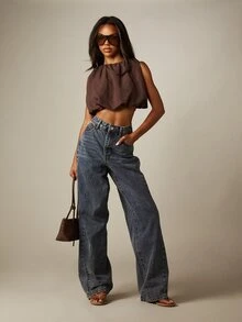 MISSGUIDED 短版泡泡下擺無袖上衣，抓皺高領設計，豐盈垂墜感，夏季音樂節風格 - 咖啡棕 - 查看 3