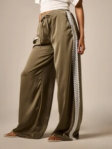 AiiRZ Satin Wide Leg Trousers With Lace Trim Side Panel Drawstring Waist Palazzo Pants - Green - View 1