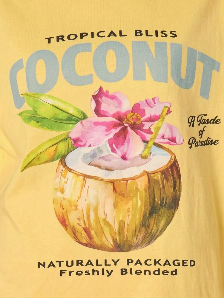 MISSGUIDED Oversized Coconut Tropical Bliss Graphic Tee Short Sleeve Crew Neck Summer Casual Drop Shoulder T-Shirt