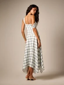 AiiRZ Đầm maxi bất đối xứng họa tiết kẻ caro, chi tiết bèo trễ vai và dây đeo mảnh cho mùa hè - Nhiều màu - Xem 3
