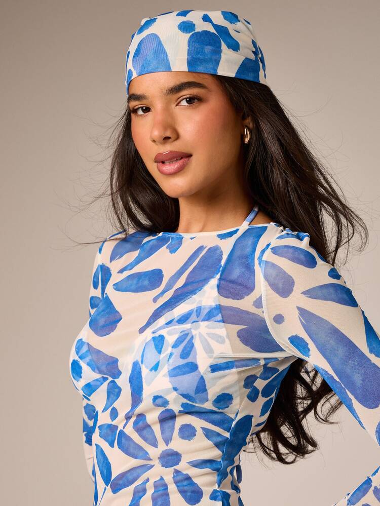 Floral Mesh Mini Dress With Open Back And Headscarf