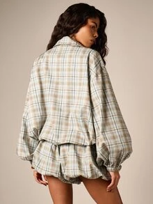 AiiRZ Chaqueta ligera de cuello embudo con media cremallera, cuadros, bolsillos cargo y mangas globo, talla grande para otoño - Multicolor - Ver 3