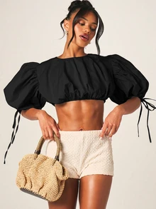 MISSGUIDED 泡泡紗泡泡短版上衣，泡泡袖綁帶袖口露肩夏季襯衫 - 黑色 - 查看 1