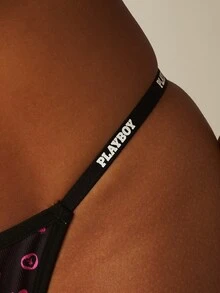 Missguided x Playboy 印花丁字褲，Logo腰帶、愛心與兔子圖案，彈性羅紋內褲，情人節禮物 - 黑色 - 查看 5