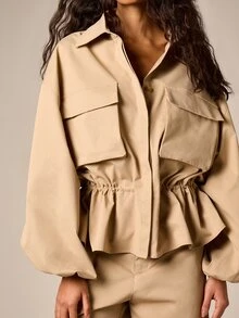 AiiRZ Chaqueta de utilidad con bajo peplum, bolsillos cargo, cintura elástica, mangas globo, cuello y cierre de botones, primavera otoño - Caqui - Ver 5