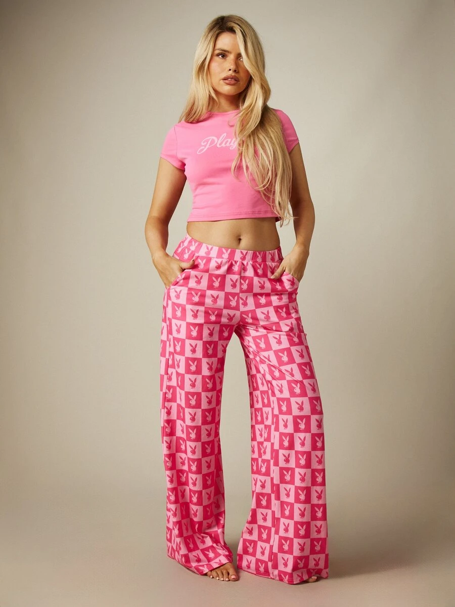 Missguided x Playboy Slim Fit Tee And Wide Leg Pant Pyjama Set With Bunny Checker Print And Crew Neck - Multicolor - View 1