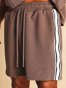 SUMWON Grosgrain Co-Ord Set Short Sleeve Full Zip Collared Top And Matching Shorts With Contrast Side Stripe Detail - Brown - View 7
