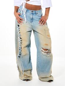 SUMWON Plus Size Wide Leg Distressed Jeans With Side Lace-Up Detail Cargo Pockets Vintage Washed Ripped Denim - Blue - View 1