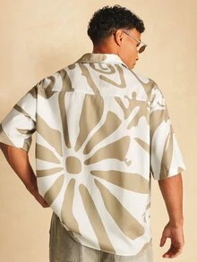 SUMWON Abstract Tropical AOP Printed Short Sleeve Collared Button-Up Shirt Summer Holiday Casual - Khaki - View 2