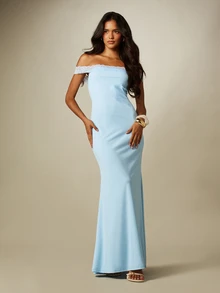 MISSGUIDED Vestido longo Bardot com ombros à mostra, acabamento em renda, silhueta sereia, comprimento até ao chão, vestido de noite formal, primavera/verão - Azul - Ver 3