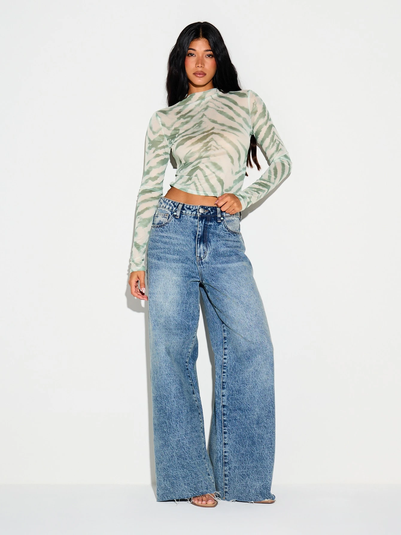 Tiger Print Mesh Crop Top With Long Sleeves