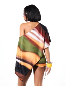 SUMWON Plus Size Abstract Print One-Shoulder Asymmetric Hem Batwing Sleeve Blouse Top Summer Festival - Multicolor - View 2