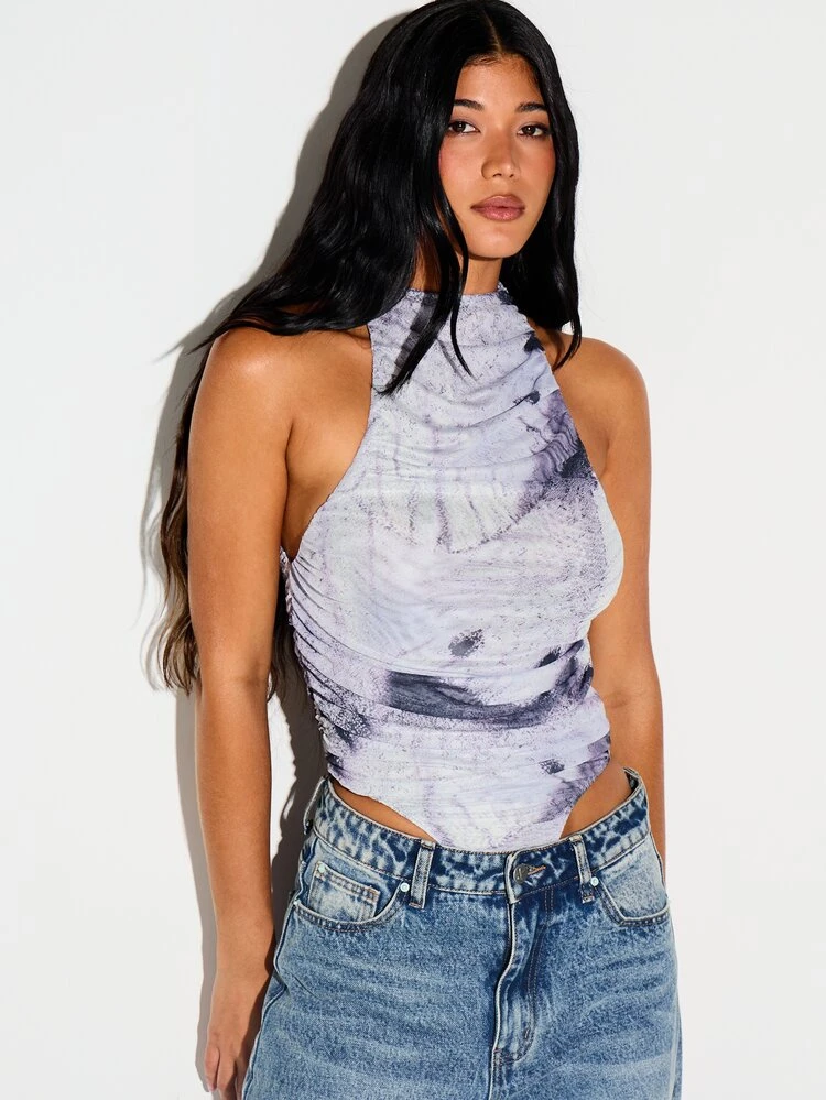 Tie Dye Mesh High Neck Ruched Bodysuit