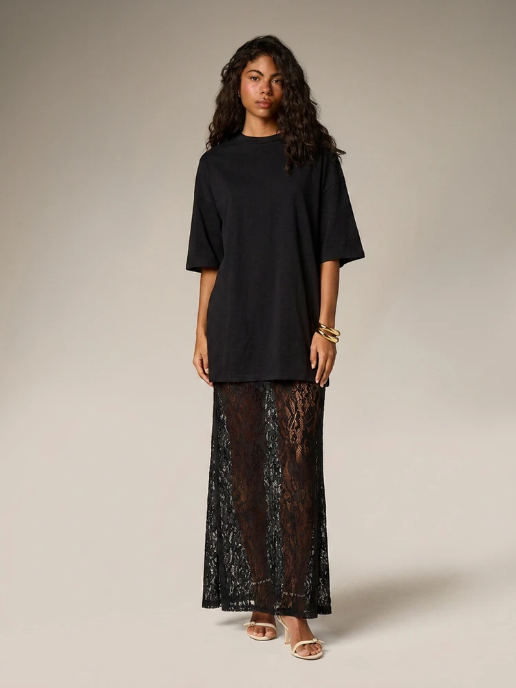 Maxi Tee Dress With Sheer Floral Lace Panel