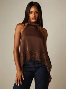 MISSGUIDED Halter Neck Satin Lace Trim Asymmetric Sleeveless Top With High Neck And Flowy Silhouette For Date Night - Brown - View 4