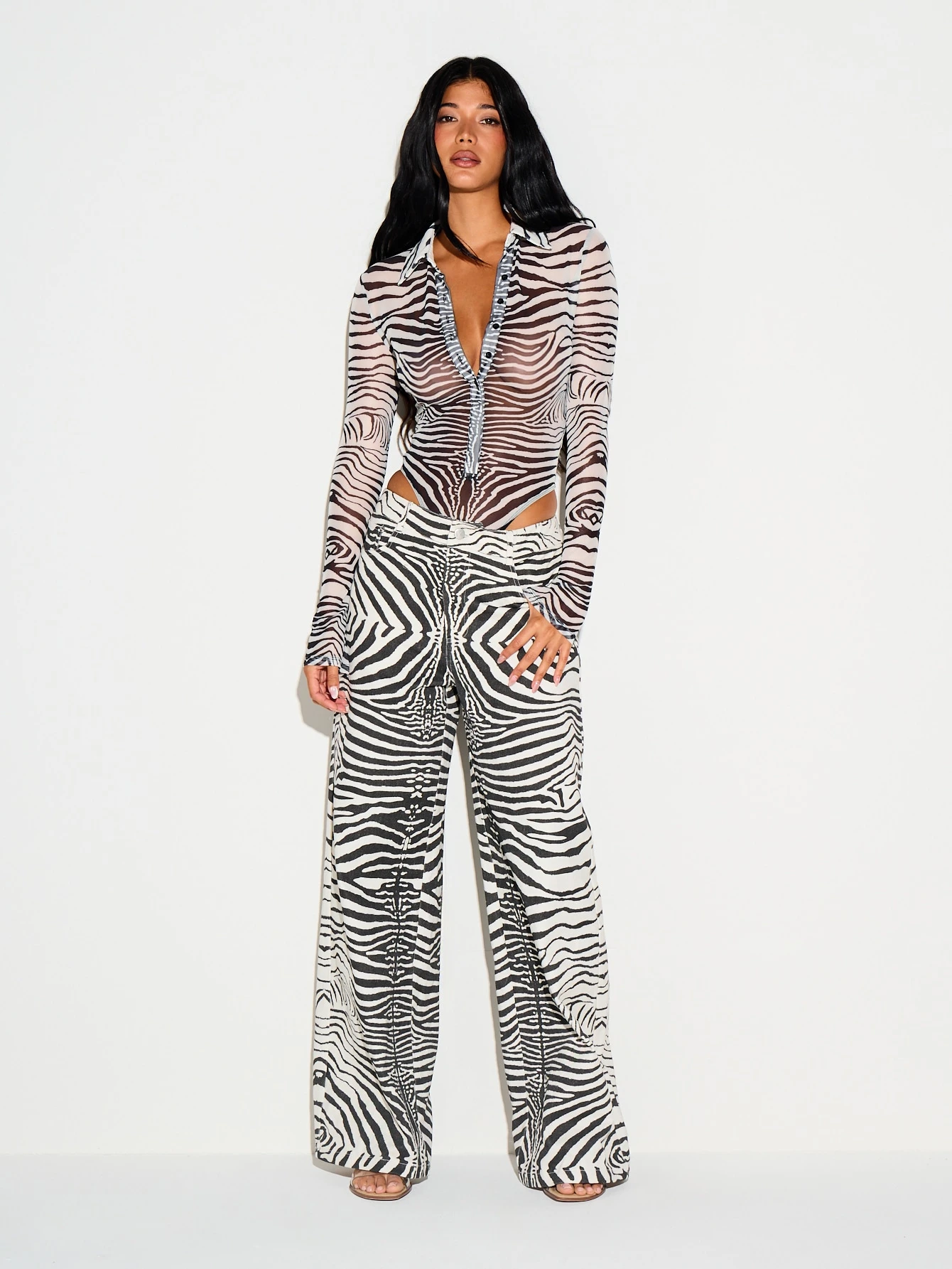 Zebra Print Mesh Polo Bodysuit With Long Sleeves