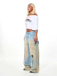 SUMWON Plus Size Wide Leg Distressed Jeans With Side Lace-Up Detail Cargo Pockets Vintage Washed Ripped Denim - Blue - View 3
