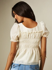 MISSGUIDED Sheer Babydoll Blouse With Puff Sleeves Smocked Bodice Square Neck Ruffle Trim Flowy Peplum Hem Summer Top - Apricot - View 2