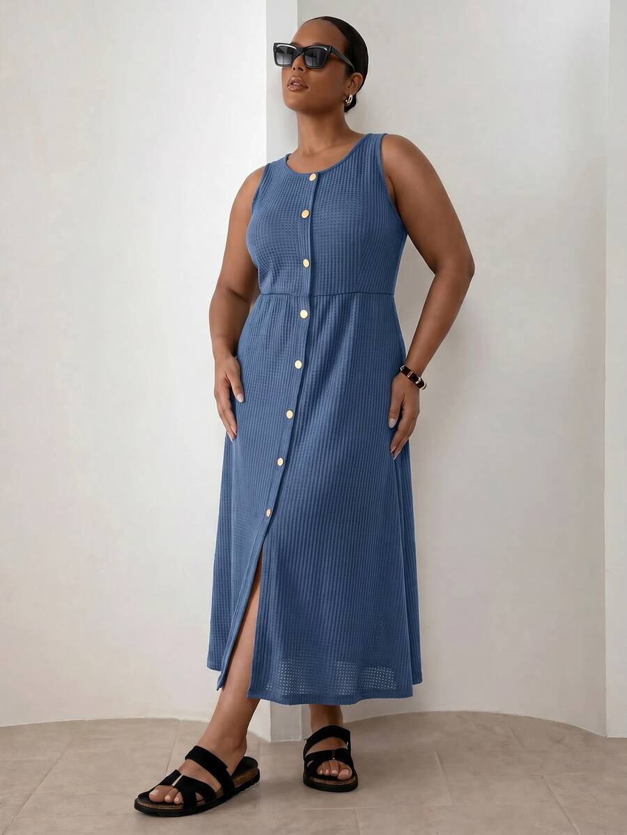 ELLERISSA Vestido midi de punto gofrado con cuello redondo, sin mangas y botones delanteros en azul intenso, talla grande - Vivid Blue - Ver 1