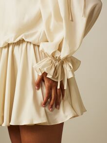 MISSGUIDED Off-Shoulder Bardot Mini Dress With Puff Long Sleeves Tie Cuff Elastic Waist Flared Skirt Summer Party - Apricot - View 5