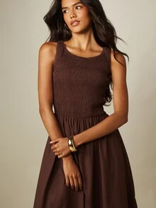 MISSGUIDED Shirred Bodice Sleeveless Midaxi Dress With Flowy A-Line Skirt, Summer Casual Maxi Style - Brown - View 4