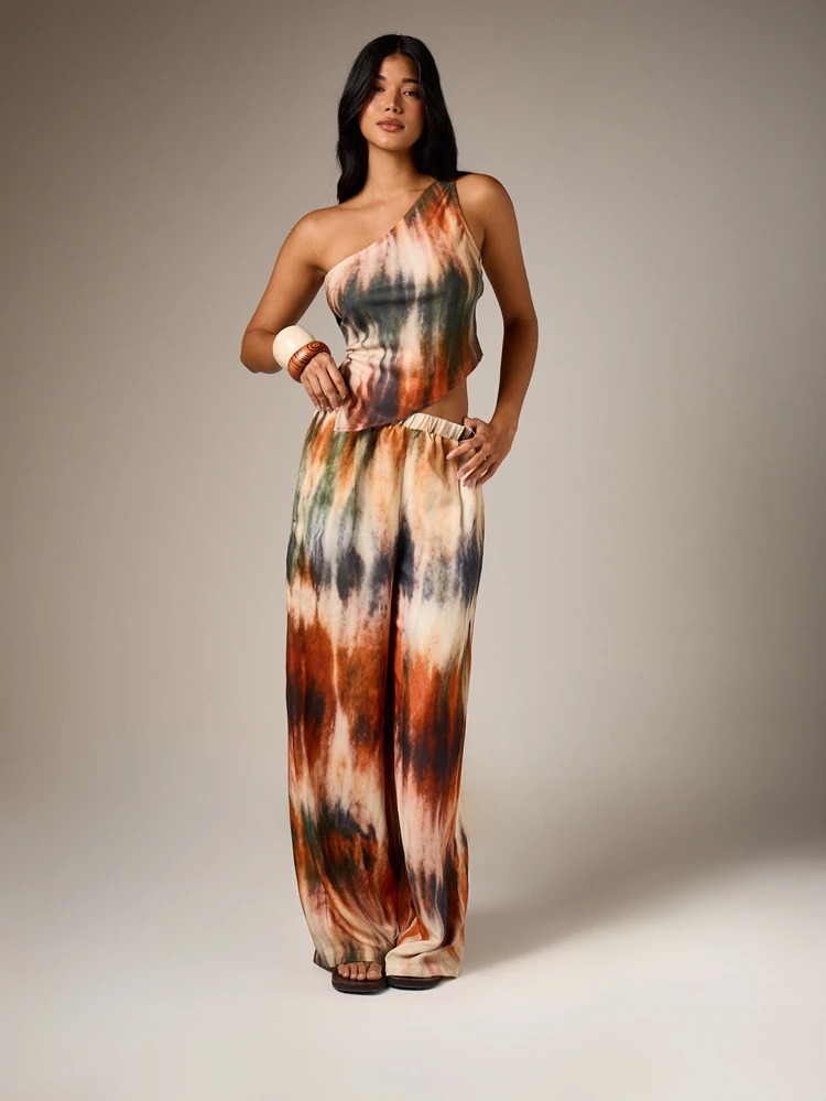 Tie-Dye One-Shoulder Top And Wide Leg Trouser Set