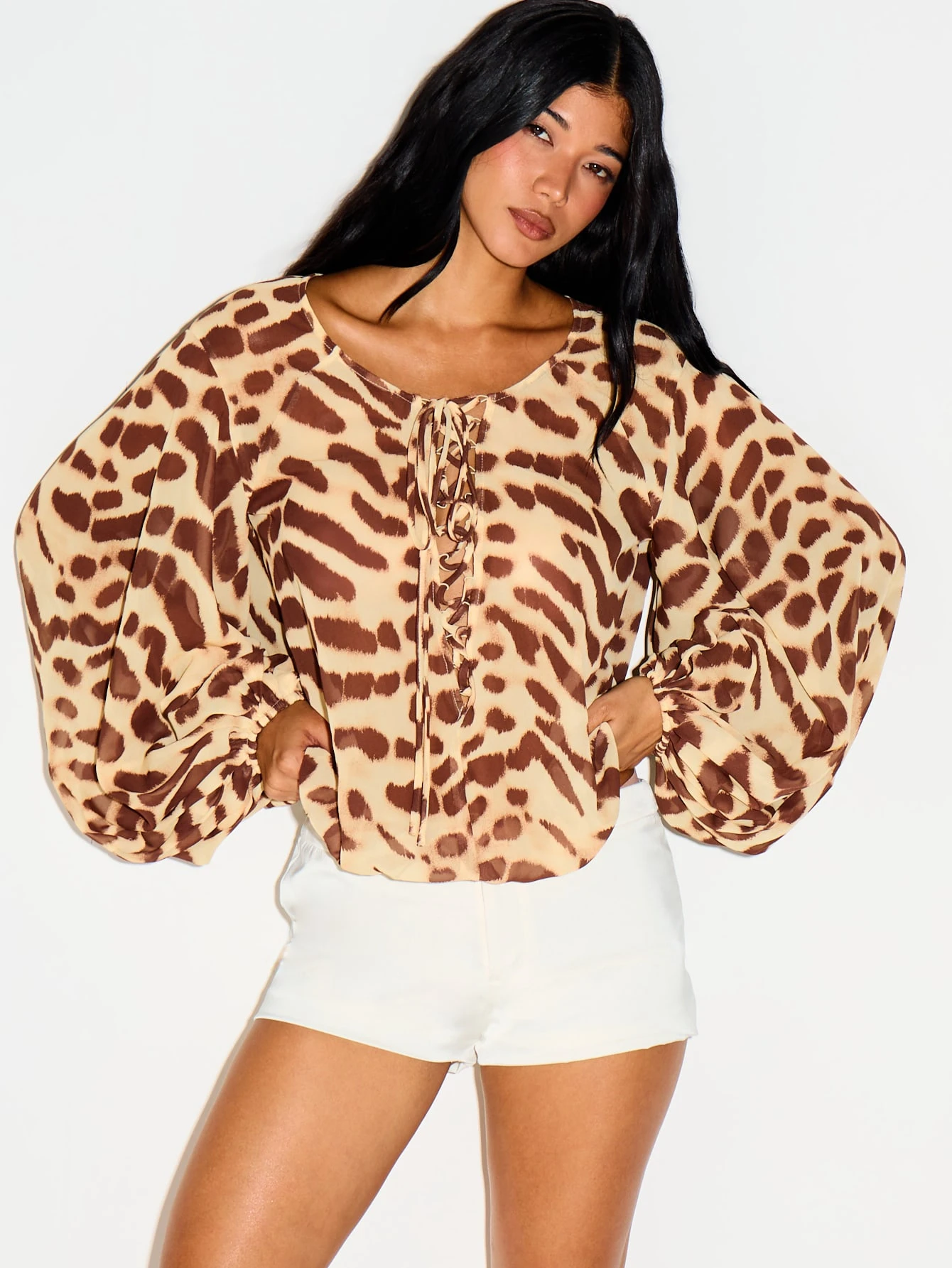 Animal Print Blouse With Lace-Up Neckline And Balloon Sleeves