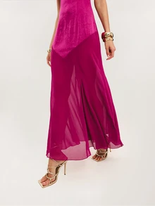 Dancing Leopard Purple Satin-Bodice Sheer-Panel Halterneck Dress, Wedding Guest Occasion Wear - Purple - View 4