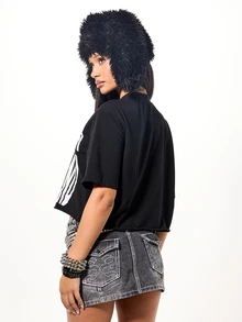 SUMWON Plus Size Rockstar Girlfriend Graphic Print Crop Tee Short Sleeve Crew Neck Statement T-Shirt - Black - View 2