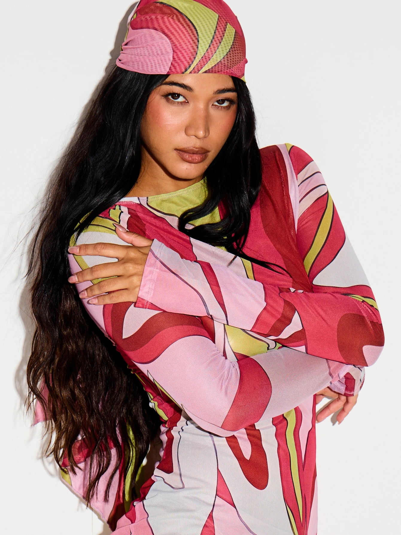 Long Sleeve Printed Mesh Sheer Mini Dress