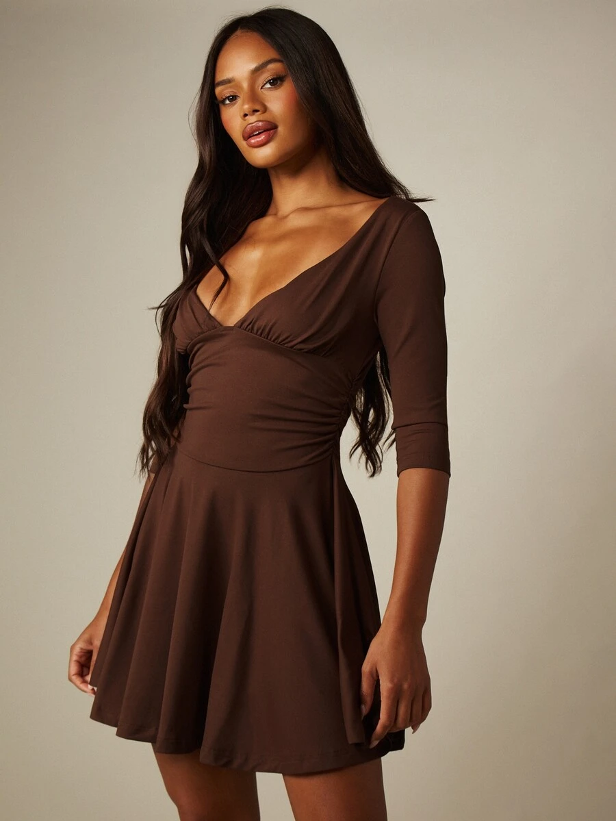 MISSGUIDED V-Neck Fit And Flare Mini Dress With 3/4 Sleeves Ruched Bodice Empire Waist Skater Style Party Date Night - Coffee Brown - View 1