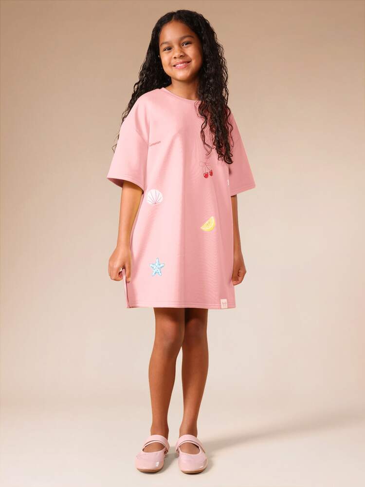 Tween T-Shirt Dress With Summer Seashell Cherry Starfish Applique Patches Casual Everyday Oversized Mini Dress Age 10