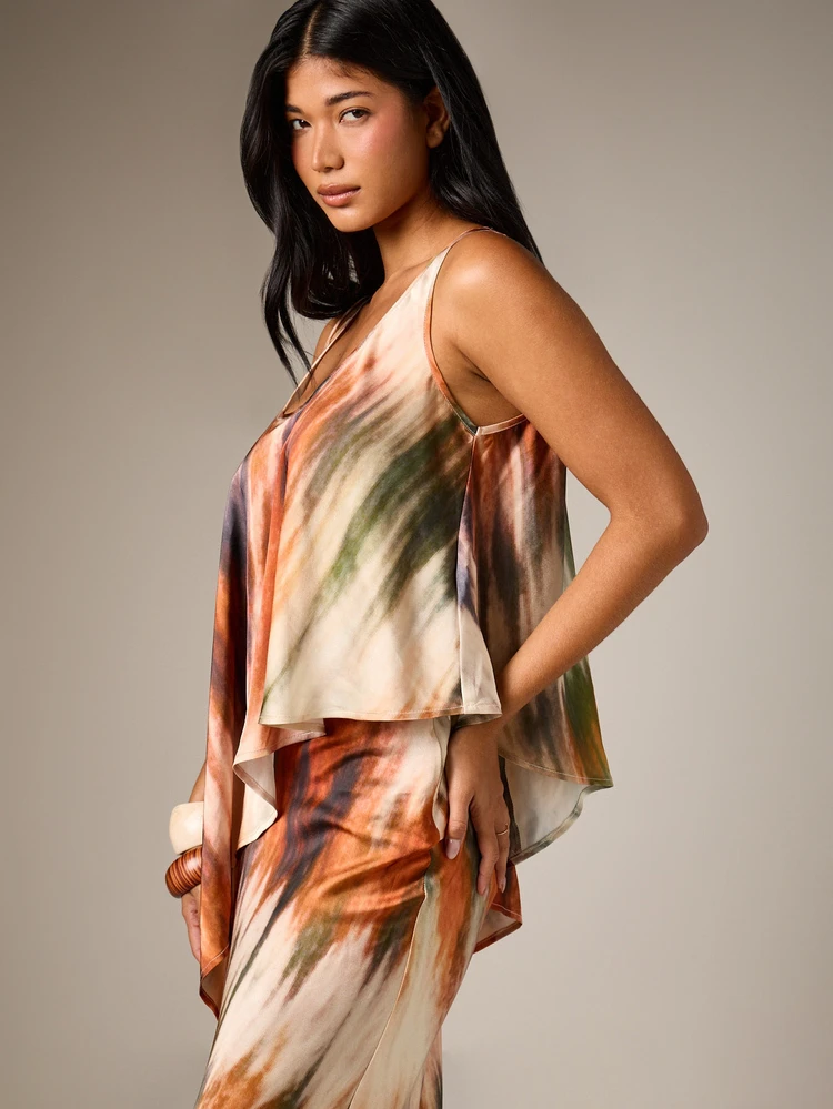 Abstract Print Tank Top With Waterfall Hem