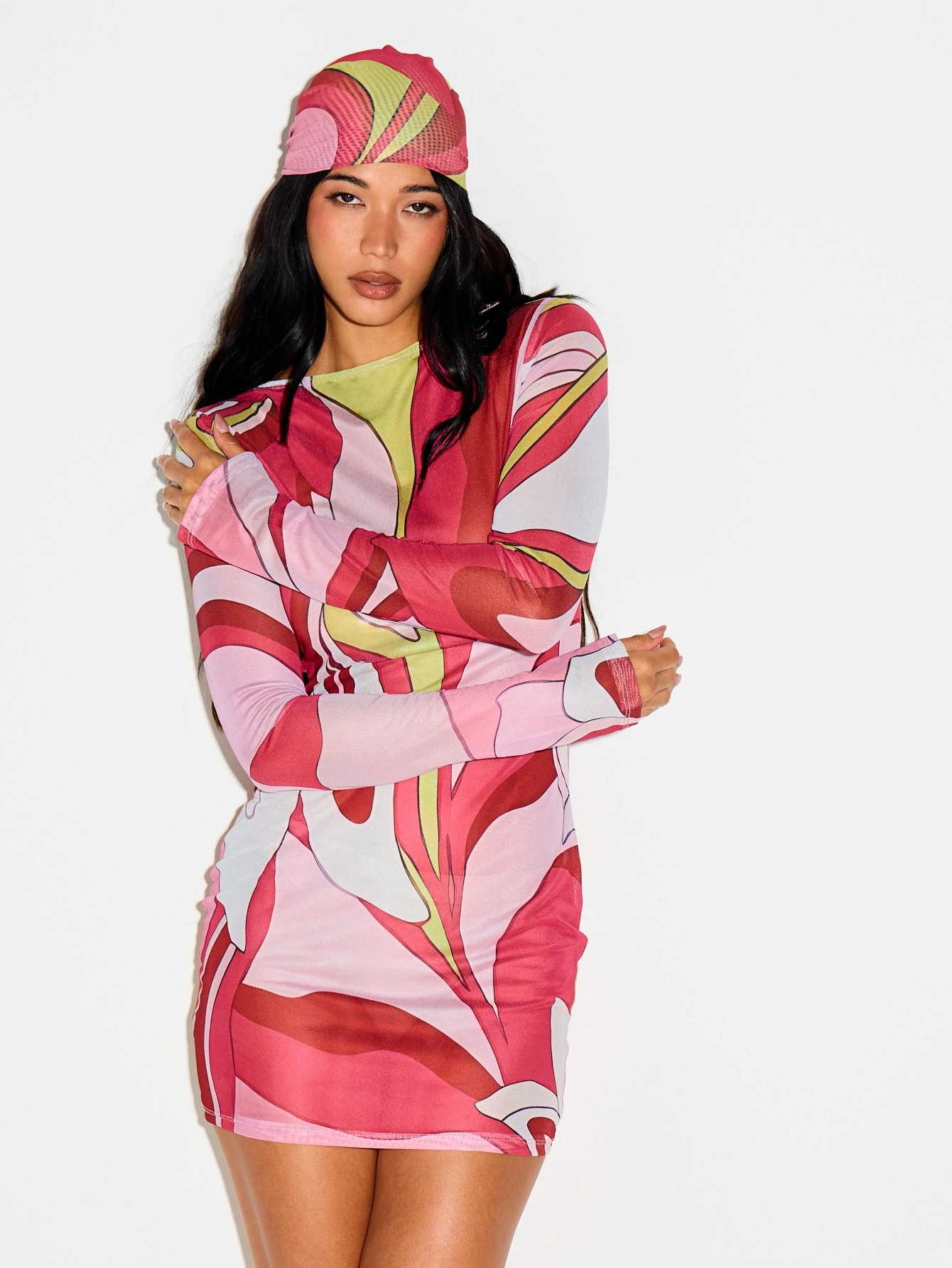 Long Sleeve Printed Mesh Sheer Mini Dress