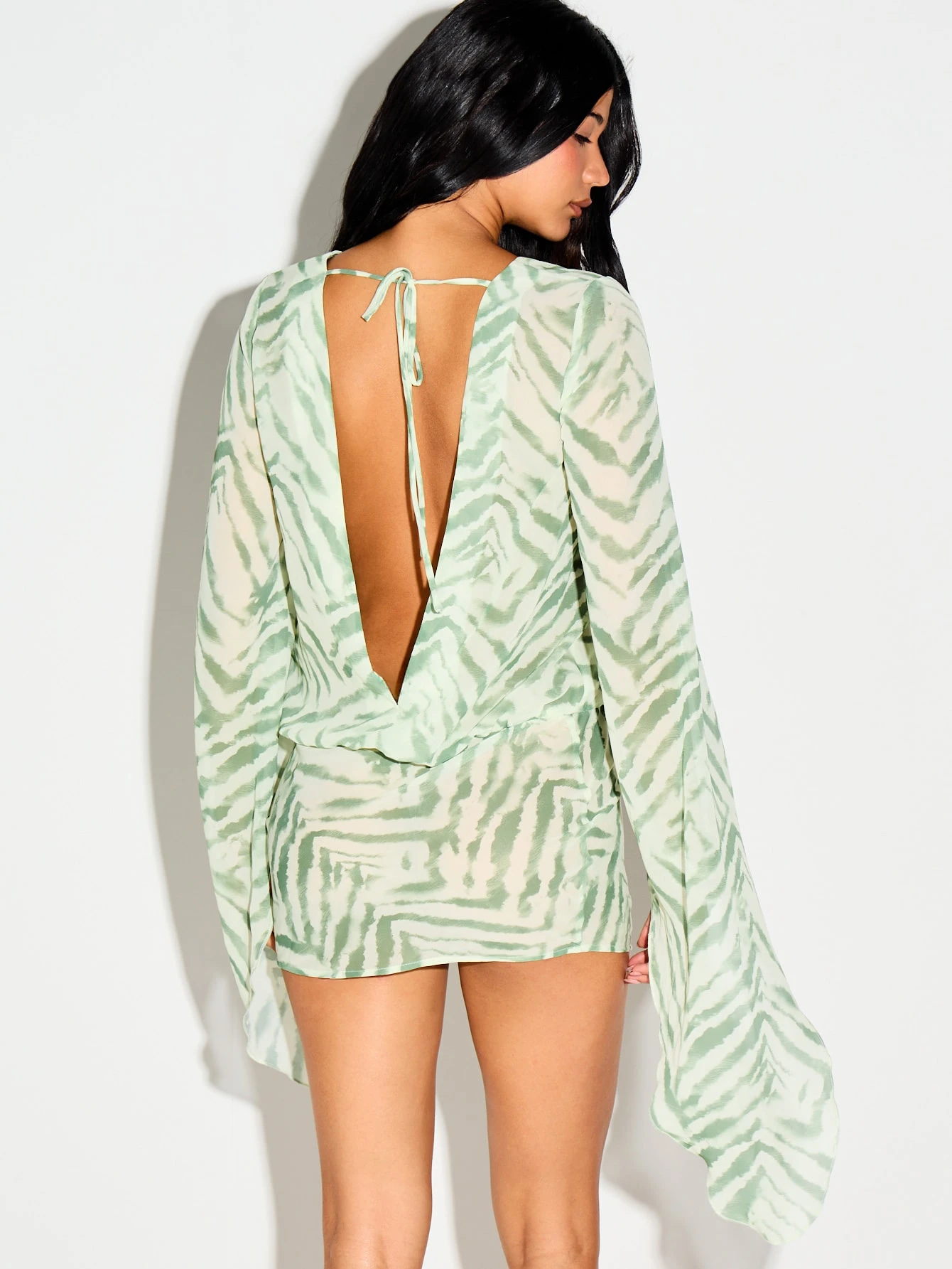 Animal Print Lace-Up Mini Dress With Cape Sleeves