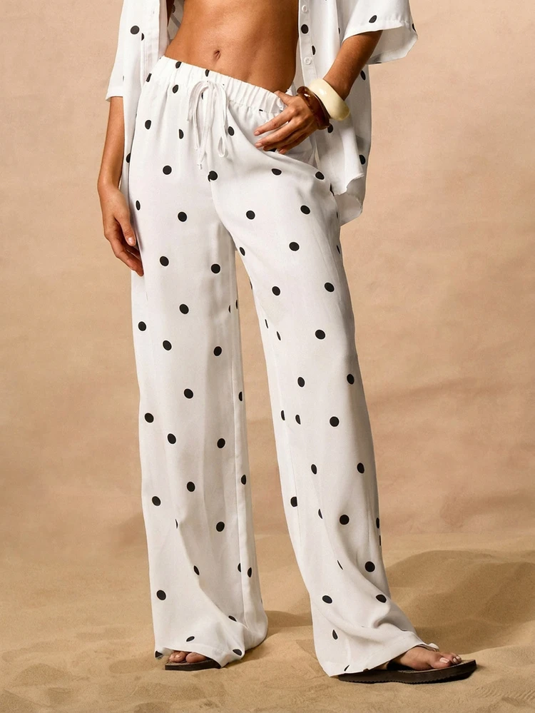 Wide Leg Polka Dot Drawstring Trouser With Elastic Waist