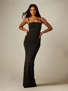 MISSGUIDED Đầm dạ hội maxi thanh lịch dây mảnh, chi tiết viền ren, dáng ôm body, dài chạm sàn - màu đen - Xem 3