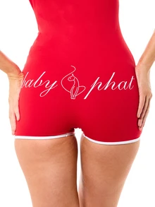 BABYPHAT Plus Size Red Short Sleeve Zip-Up Romper Jumpsuit With Logo Print And Contrast White Trim Detail - Red - View 5