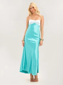 Dancing Leopard Blue Colourblock Satin Underbust Cut Out Maxi Dress, Summer Outfits For Women, Wedding Guest Dress, Holiday Dress, Vacation Dress Women - Blue - View 4