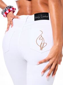 BABYPHAT Celana Jeans Capri Putih Ukuran Besar dengan Logo Kucing Bordir, Potongan Pendek, Model Skinny Fit, Pinggang Sedang, Celana Denim - Putih - View 4