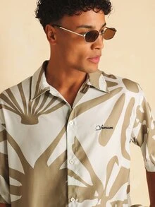 SUMWON Abstract Tropical AOP Printed Short Sleeve Collared Button-Up Shirt Summer Holiday Casual - Khaki - View 5