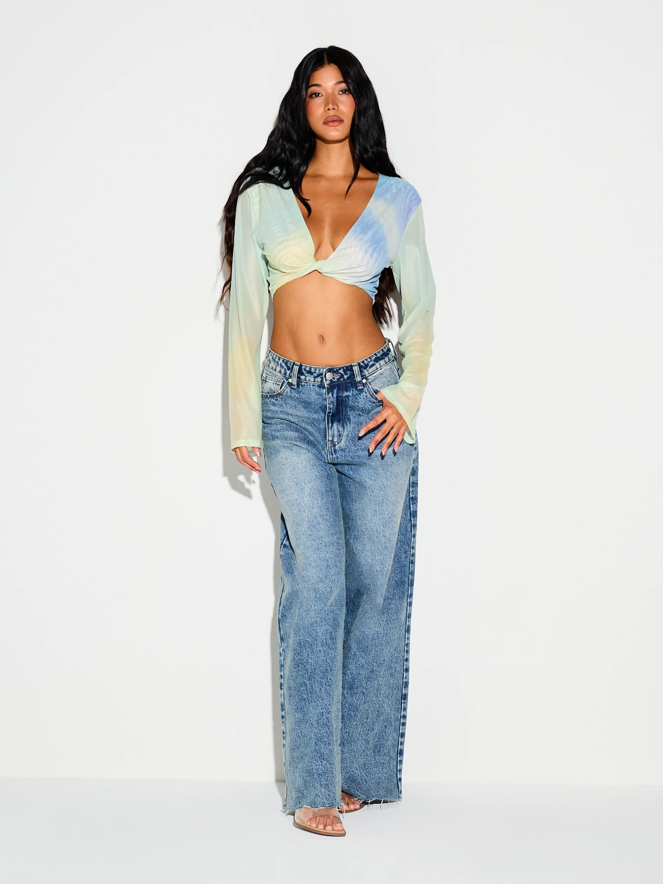 Mesh Watercolour Twist Front Crop Top